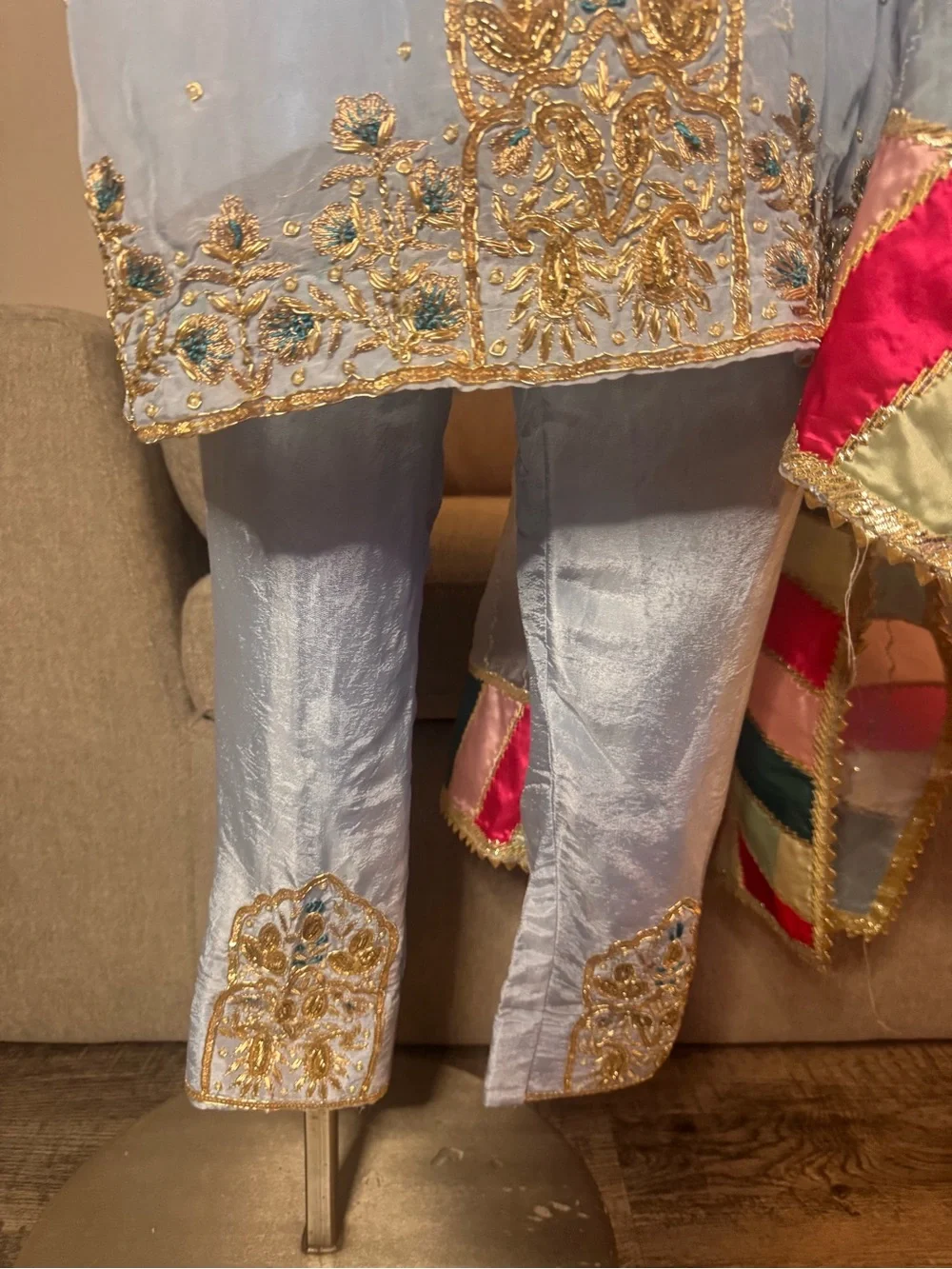 Light Blue Embroidered Salwar Kameez with Multi-Color Border Dupatta Small - Picture 6 of 6